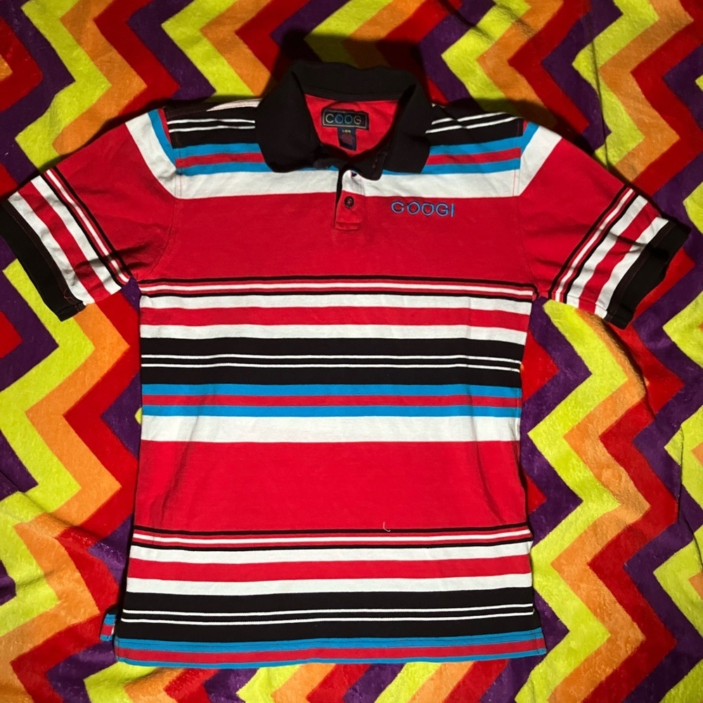 COOGI Red, Black & White Striped Polo with Blue Accents